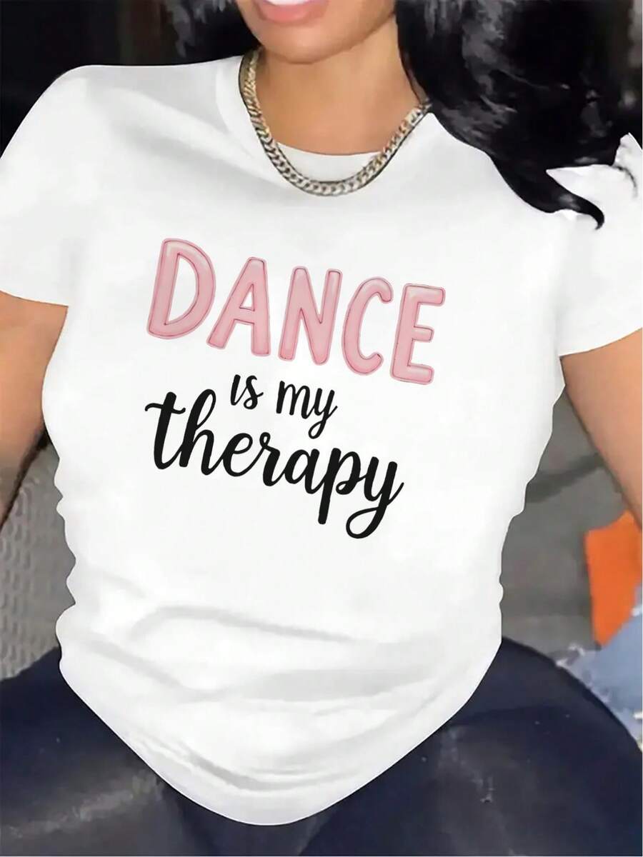 Camiseta moderna minimalista de manga corta, estampada con las palabras "El baile es mi terapia". | Una opción ideal para estudios de danza, tela ligera, perfecta para ropa casual y actividades diarias, moda femenina, tela de peso medio para uso diario informal. - Blanco - Ver 1