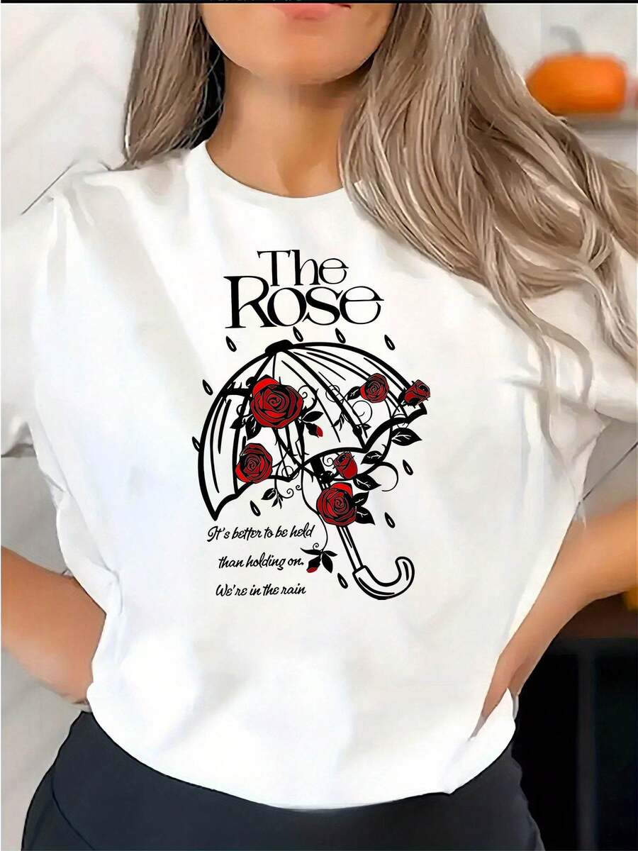 Women's Simple Casual Sports T-Shirt With A Creative English Rose Print, Round Neck, And Short Sleeves. Comfortable Summer Top For Women. Women's Graphic Summer T-Shirt, Casual Printed T-Shirt With Short Sleeves And A Round Neck, Local Spring/Summer Streetwear. - 白色 - 查看 1