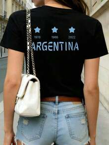 Camiseta Casual PremiumMommy And Me para Mujer - Camiseta con Estampado Conmemorativo de la Triple Corona de la Copa Mundial de Argentina para Mujer, con Patrón, Cuello Redondo Casual, Manga Corta, Top de Moda de Verano para Mujer, Doble Estampado en la Parte Delantera y Trasera, Camiseta para Uso Diario, Regalo para el Día de la Madre, Ecológica. - Negro - Ver 3
