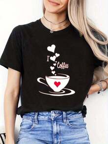 Camiseta de Mujer "I Love Coffee" con Estampado de Taza de Café y Corazón - Top Casual de Manga Corta y Cuello Redondo, Ropa Casual para Amantes del Café, Lavable, para Uso Todo el Año y Salidas (No formal), Camiseta de Algodón Puro de Alta Calidad de 220g con Estampado Minimalista, Tela Suave y Transpirable, Cómoda y Holgada, Adecuada para Uso Diario, Ideal para Vestimenta Casual de Oficina, Apariencia Diaria de Primavera y Verano, Diseño Elegante y Juvenil, Ropa de Hombre, Blusas para Mujer. - Negro - Ver 8