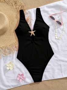 Traje de baño de una sola pieza para mujer, diseño de cortes circulares con cruce de bandas y decoración de estrellas de mar metálica, que proporciona control de abdomen - Negro - Ver 5