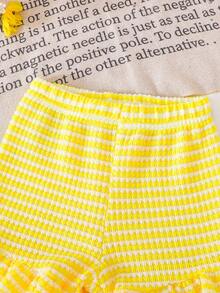 Conjunto de top con volantes y pantalones cortos con estampado de rayas y flores para niña bebé en vacaciones de verano - Amarillo - Ver 6