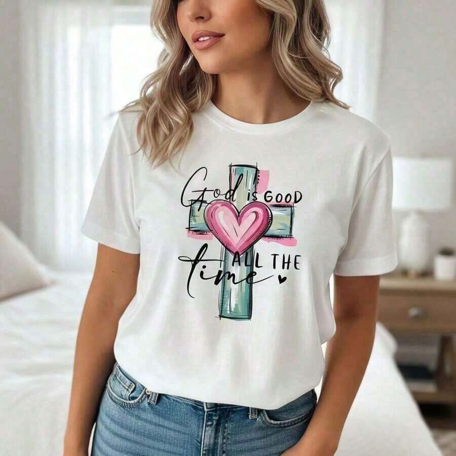 Women's Short-Sleeve Cotton T-Shirt With Christian Design, Cross And Heart Print With The Phrase "God Is Good All The Time", Short Sleeve, Casual Loose Fit, Size S, Basic Black Crew Neck T-Shirt For Everyday Wear, Clothing Inspired By Religious Faith. 100% Cotton - 白色的 - 查看 1