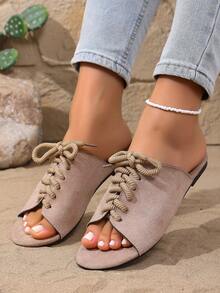 Sandalias de mujer con cordones calados, sandalias romanas planas, para playa, elegantes, gráciles, de resort, de moda, bohemias, casuales, sexys, de tela calada, sandalias planas, de verano - Rosa Pálido - Ver 4