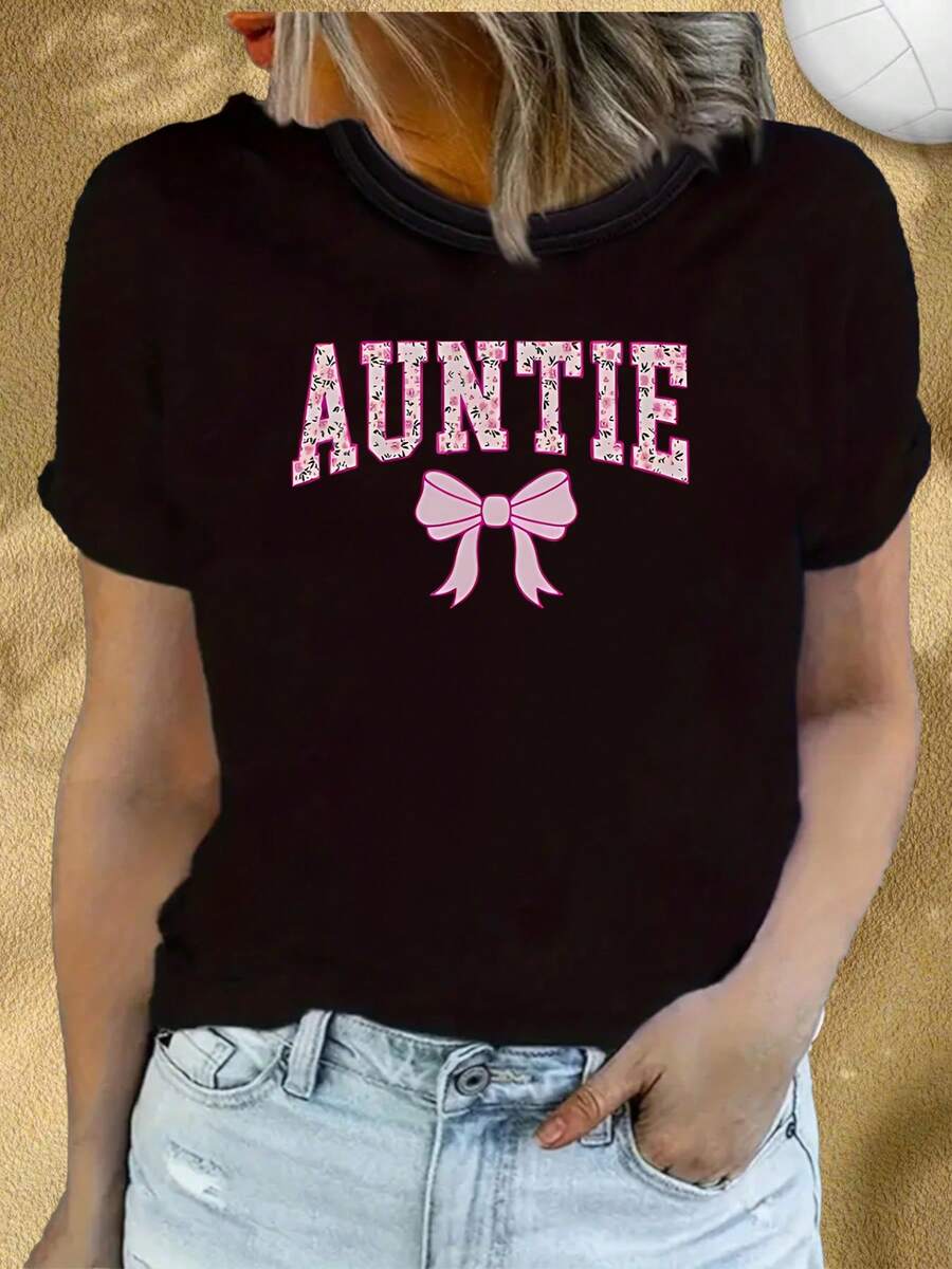 Auntie T-Shirt With Pink Floral Print And Bow Design For Family Gatherings And Casual Wear, Artistic Sun And Moon Design, Soft And Breathable Crew Neck T-Shirt For Casual Wear, Short Sleeve, Lightweight Fabric - 黑色 - 查看 1