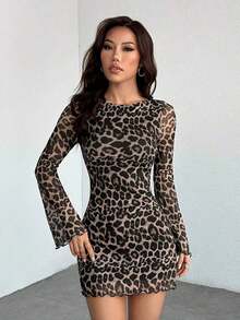 Vestido mini con mangas acampanadas y malla con estampado de leopardo para mujer - Marrón - Ver 4