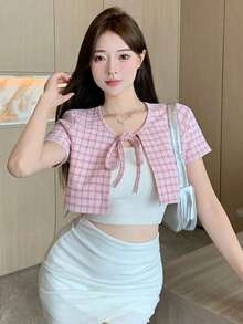 Camiseta de manga corta con nudo delantero y estampado de cuadros, top corto para mujeres - Rosa - Ver 8