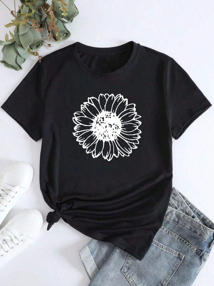 Camiseta suelta con estampado de girasoles para mujer, Tops asequibles para primavera y verano - Negro - Ver 1