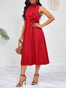 Lady Vestido de longitud media naranja con decoración de volantes florales tridimensionales en el cuello.Elegante y holgado para damas.Ideal para vacaciones de primavera y verano.Estilo bohemio. - Rojo - Ver 5
