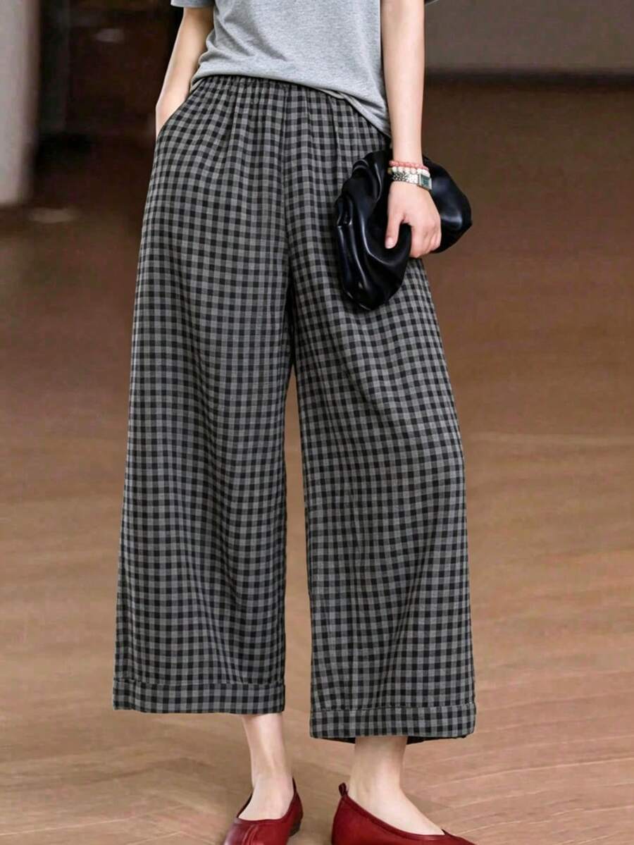 Women's Casual Fashion Plaid Wide Leg Cropped Pants, With Vintage Pockets, Suitable For Daily Spring And Autumn Wear - Grey - View 1