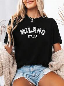 Talla Grande - Talla Grande - Camiseta de Mujer con Estampado de Letras Italianas | Top Casual con Frase Italiana, Cuello Redondo y Manga Corta - Blusa de Primavera Verano para Vies, Ropa Casual - Camiseta Italiana Lavable a Máquina - Negro - Ver 2