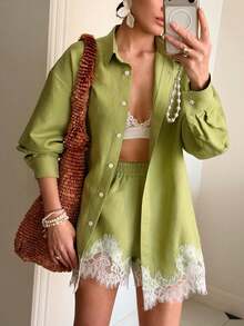 Women's Solid Color Turn-Down Collar Long Sleeve Shirt And Lace Trim Shorts Set - 綠色 - 查看 3