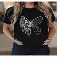 Women's Butterfly Floral Print Cotton Short Sleeve Round Neck T-Shirt, Casual and Fashionable Regular Fit Top - Negro - Ver 1