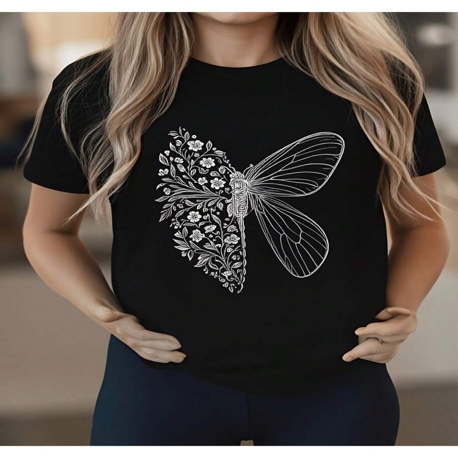 Women's Butterfly Floral Print Cotton Short Sleeve Round Neck T-Shirt, Casual and Fashionable Regular Fit Top - Negro - Ver 1