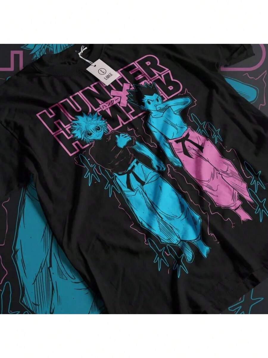 Camiseta de Anime y Manga 100% para Hombre y Mujer - Camiseta de Manga Corta con Cuello Redondo Retro 100% Transpirable con Estampado de Anime Vibrante, Camiseta Casual para Todas las Temporadas, Adecuada para Atuendos Casuales y Eventos, Tallas Grandes - Negro - Ver 1