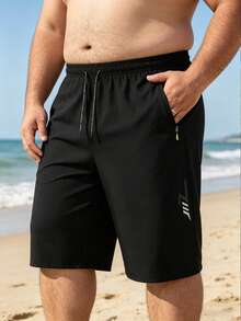 Plus Size Men's 7-Inch Sports Shorts, Black Baggy Pants, Zipper Pockets, Elastic Waist & Lightning Print, Summer Casual - Black - View 3