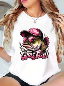 ropa de mujer  Fishing. Una cómoda camiseta con divertidos diseños de animales, perfecta para damas con un hermoso cuello redondo, adecuada para actividades deportivas informales en primavera, verano, otoño e invierno. ¡Un conjunto del que seguramente te enamorarás! camisas de mujer - Blanco - Ver 6