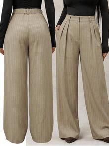 Pantalones anchos de pierna ancha de color café oscuro de moda minimalista para mujeres, pantalones de tela marrón de pierna ancha para el trabajo, pantalones de tiro alto de pierna ancha marrón para mujeres, pantalones de traje marrón para otoño/invierno - Caqui 2 - Ver 1