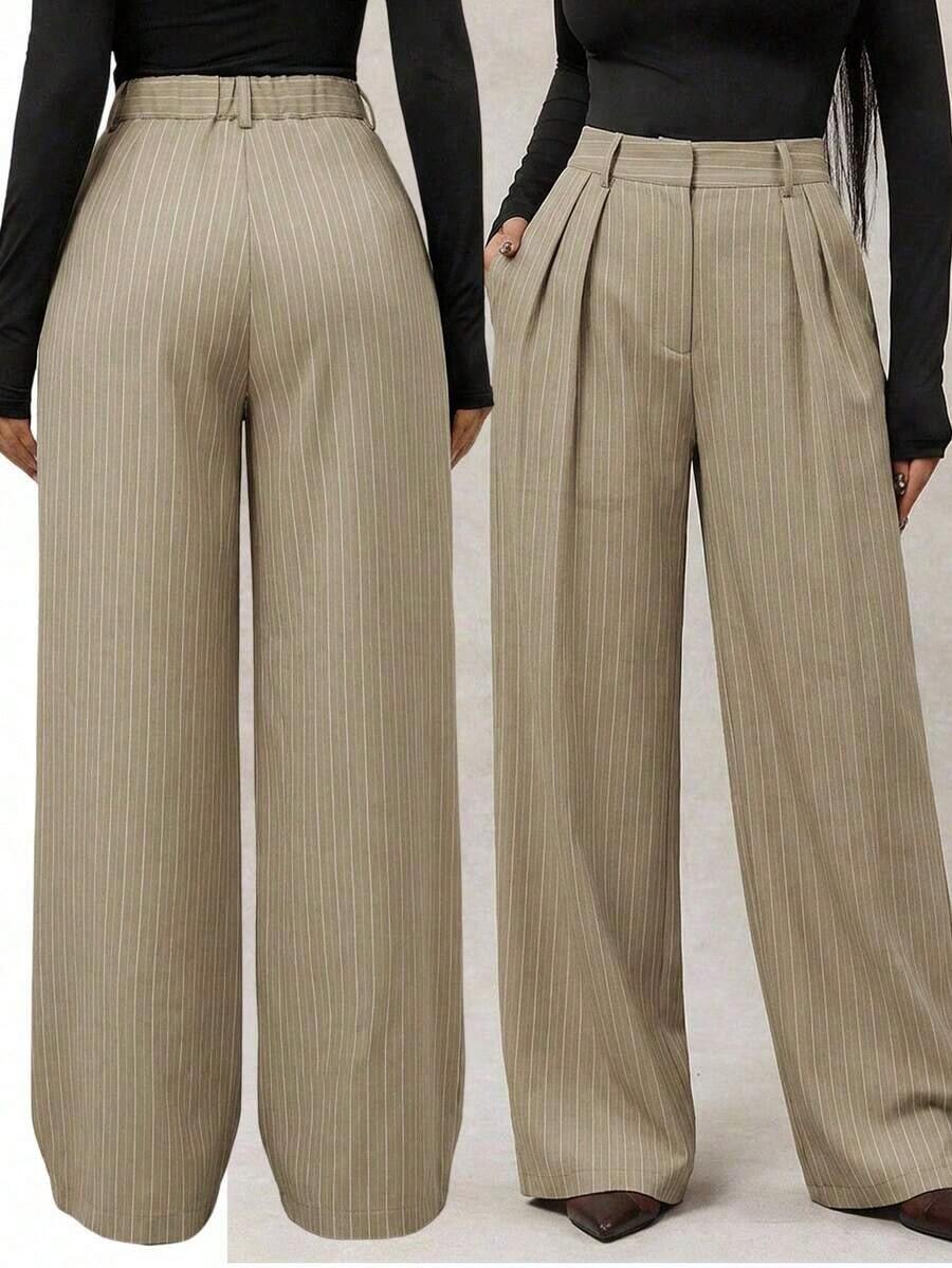 Pantalones anchos de pierna ancha de color café oscuro de moda minimalista para mujeres, pantalones de tela marrón de pierna ancha para el trabajo, pantalones de tiro alto de pierna ancha marrón para mujeres, pantalones de traje marrón para otoño/invierno - Caqui 2 - Ver 1