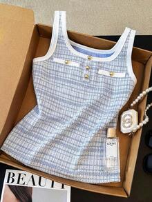 Blusa Casual de Mujer  con Ribete en Contraste y Botones, Versátil para Uso Diario - Azul - Ver 1
