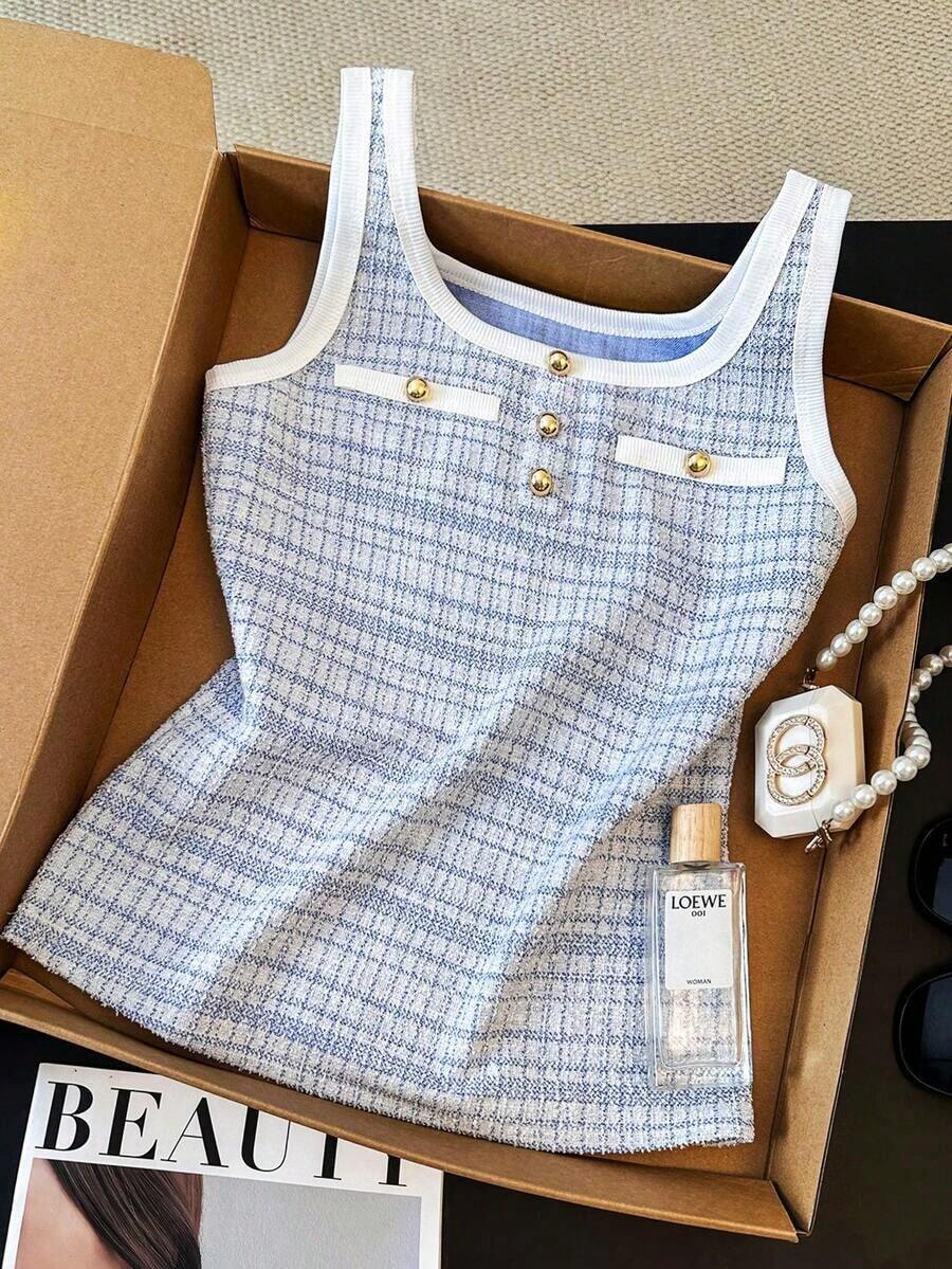 Blusa Casual de Mujer con Ribete en Contraste y Botones, Versátil para Uso Diario - Azul - Ver 1
