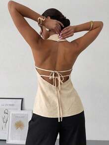 negra ajustada de estilo casual y elegante para la temporada de primavera/verano, con cuello asimétrico, sin mangas, escote halter, espalda descubierta y decoración de lazo - Caqui - Ver 3