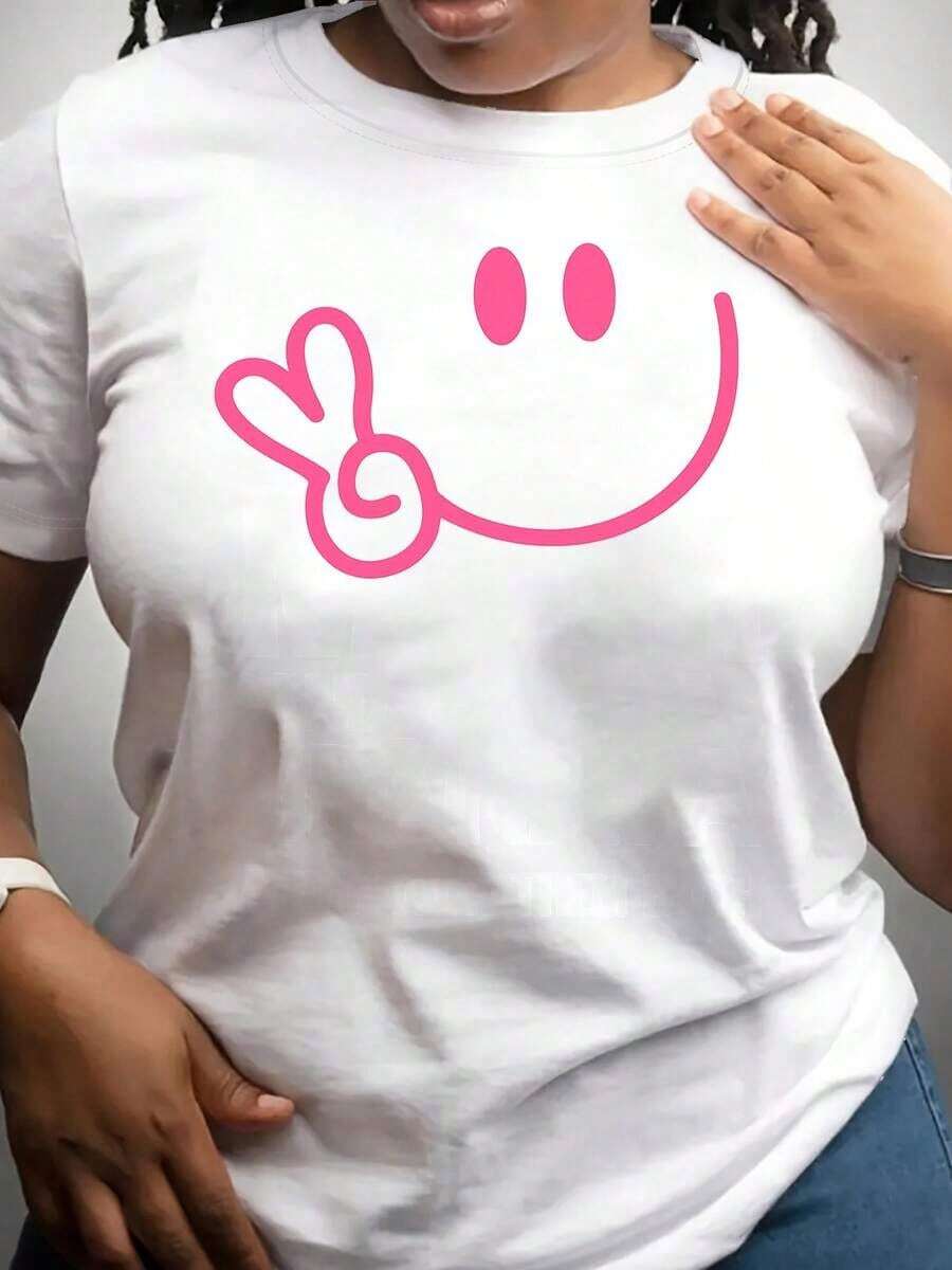 Nueva Camiseta de Verano para Mujer con Estampado de Cara de Dibujos Animados, Estilo para Parejas, Largo Regular, Camiseta Casual de Manga Corta, Ropa de Verano para Mujer - Blanco - Ver 1