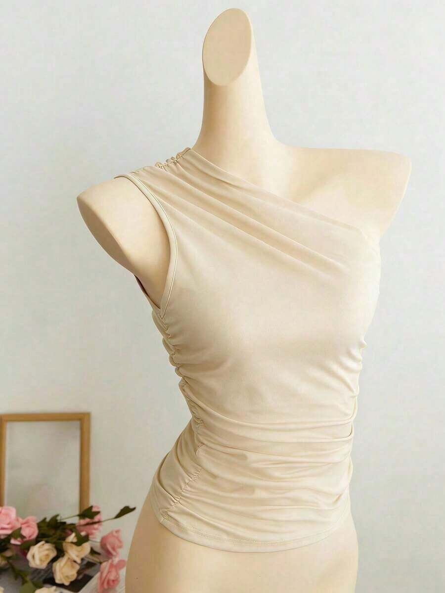 Blusa corta de un hombro con pliegues color albaricoque, minimalista, casual, elegante y versátil para uso diario de mujer, primavera/verano - Amarillo claro - Ver 1