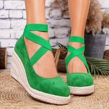 Giày đế xuồng và đế cao kiểu espadrille cho nữ, sandal quai ngang dệt màu đen mũi tròn thích hợp cho kỳ nghỉ biển, đế dây thừng co giãn, kết hợp với giày nữ. - màu xanh lá - Xem 7