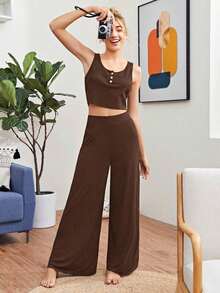 Pantalones holgados de pierna ancha de un solo color tipo palazzo, pantalones casuales de cintura alta y pierna ancha de viscosa negra suelta para mujeres, para uso profesional/de oficina/ropa de trabajo - Marrón - Ver 3
