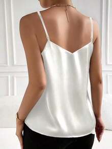 1 pieza Camiseta de satén sin mangas de verano para mujer, elegante top sin espalda de moda, adecuado para verano, citas por la noche, oficina, vacaciones, uso casual diario - Blanco - Ver 2