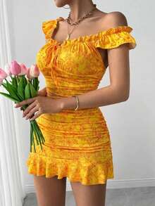Vestido con estampado floral, volantes y bajo sexy para mujer - Naranja - Ver 5