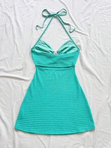 Vestido mini con textura, escote en V, decoración de estrella de mar metálica, cuello con lazo, espalda descubierta, ideal para vacaciones, citas, té de la tarde, días festivos, festivales de música, estilo bohemio - verde menta - Ver 2