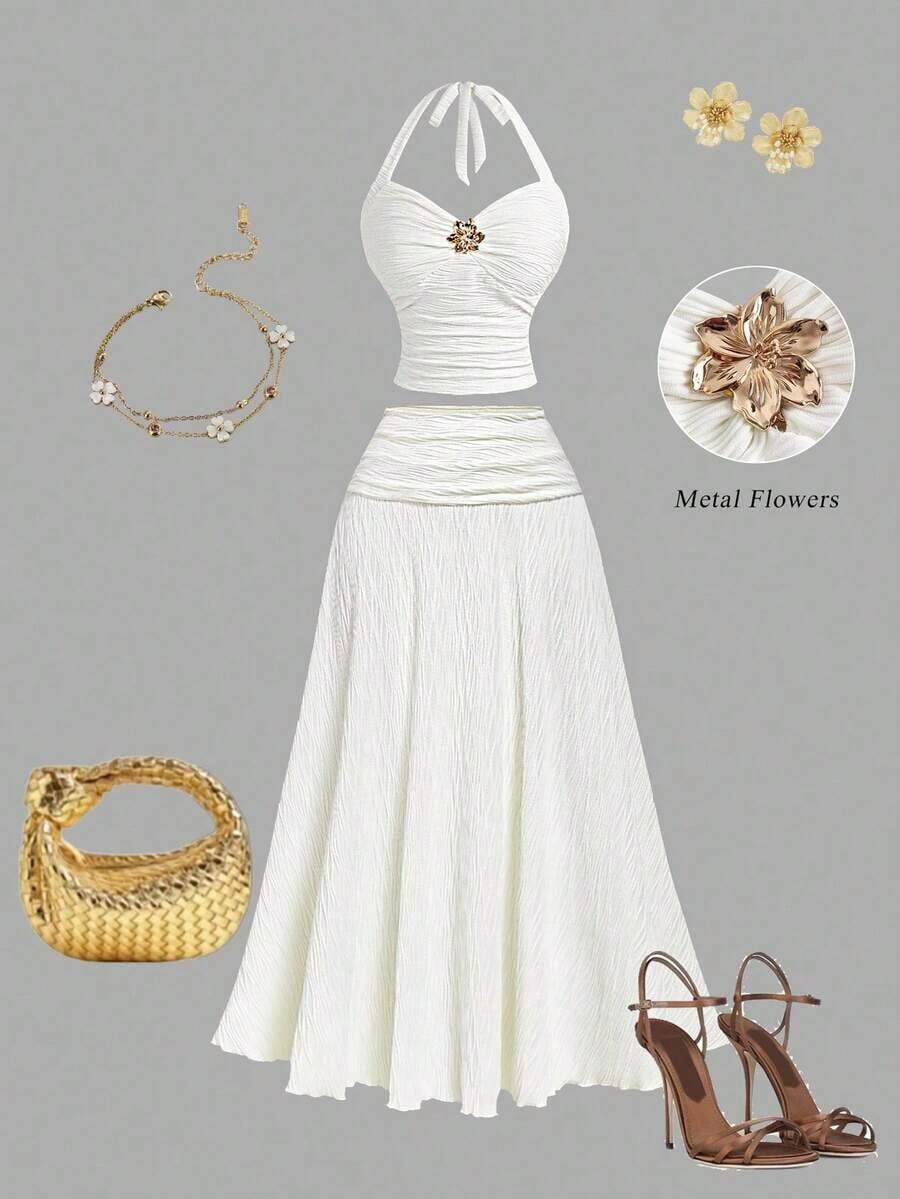Set de 2 piezas de top halter y minifalda de jacquard para mujer, conjunto de falda y top blanco, ropa de otoño para mujer, atuendo para fiesta, boda, salida, conjunto elegante de mujer, conjunto chic de mujer, ropa de campo para mujer - Albaricoque - Ver 1