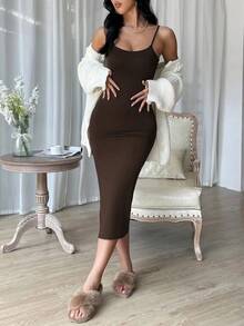Vestido de espalda abierta de muslo con abertura - Marrón Chocolate - Ver 4