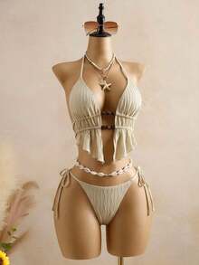 Bellisia Top de bikini de mujer de punto texturizado marrón con cuentas y piedras - Amarillo claro - Ver 4