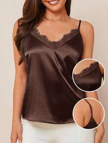 Camiseta de satén azul elegante para mujer con cuello de encaje, versátil para usar en primavera/verano o como prenda de abrigo debajo de chaquetas en otoño/invierno - Café integral - Ver 1