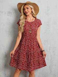 Vestido midi azul de manga corta y manga murciélago con estampado floral para mujer, vestidos de verano para mujeres - Óxido marrón - Ver 4