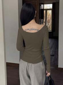 Blusa casual de mujer de punto acanalado con botones y manga corta - Camel - Ver 2