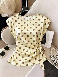 Nueva camiseta de satén de verano para mujer con cuello redondo y lunares elegante - Amarillo - Ver 6