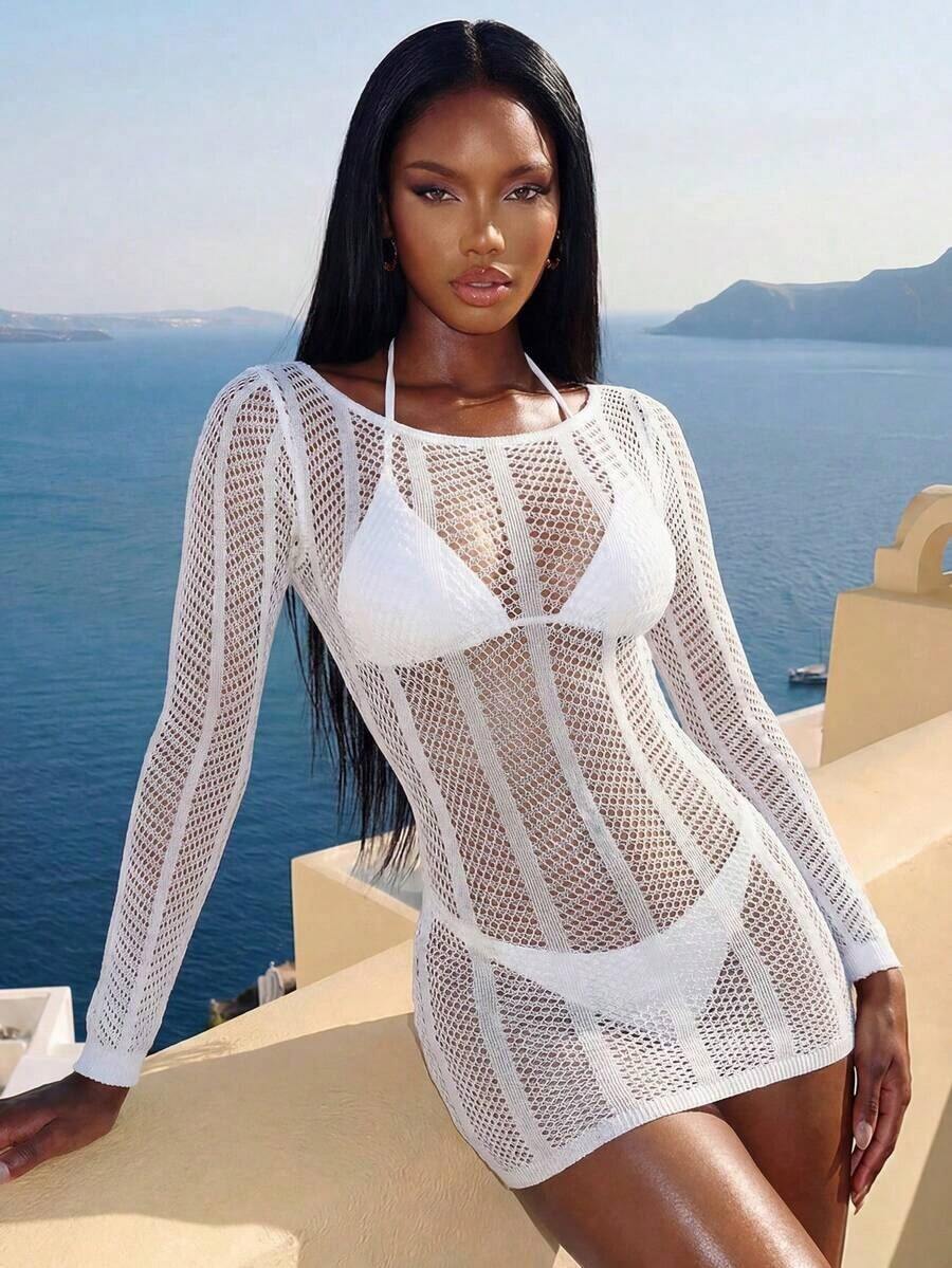 Vestido de playa para mujer tipo body con manga larga calado y malla, color negro - Blanco 2 - Ver 1
