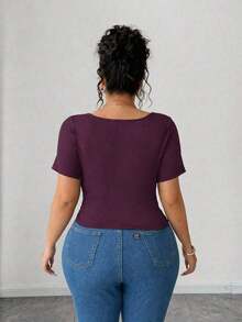 Camiseta de manga corta de cuello asimétrico para mujer talla grande, top ajustado versátil y elegante de alta gama, adecuado para primavera/verano - Morado - Ver 2