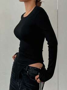 Mono de mujer de verano de manga corta, unicolor, con espalda descubierta y envolvente, camiseta informal tipo body Y2K para mujer - Negro 2 - Ver 4