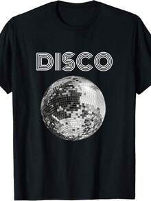 Und weiße Discokugel Club Retro T-Shirt, lässiger Party-Outfit für thematische Veranstaltungen & lässige Kleidung, ganzjährig bequeme Passform Vintage Tanzparty Bekleidung, geometrisches Muster, locker geschnitten, Sommer Damenmode - Schwarz - Übersicht 1
