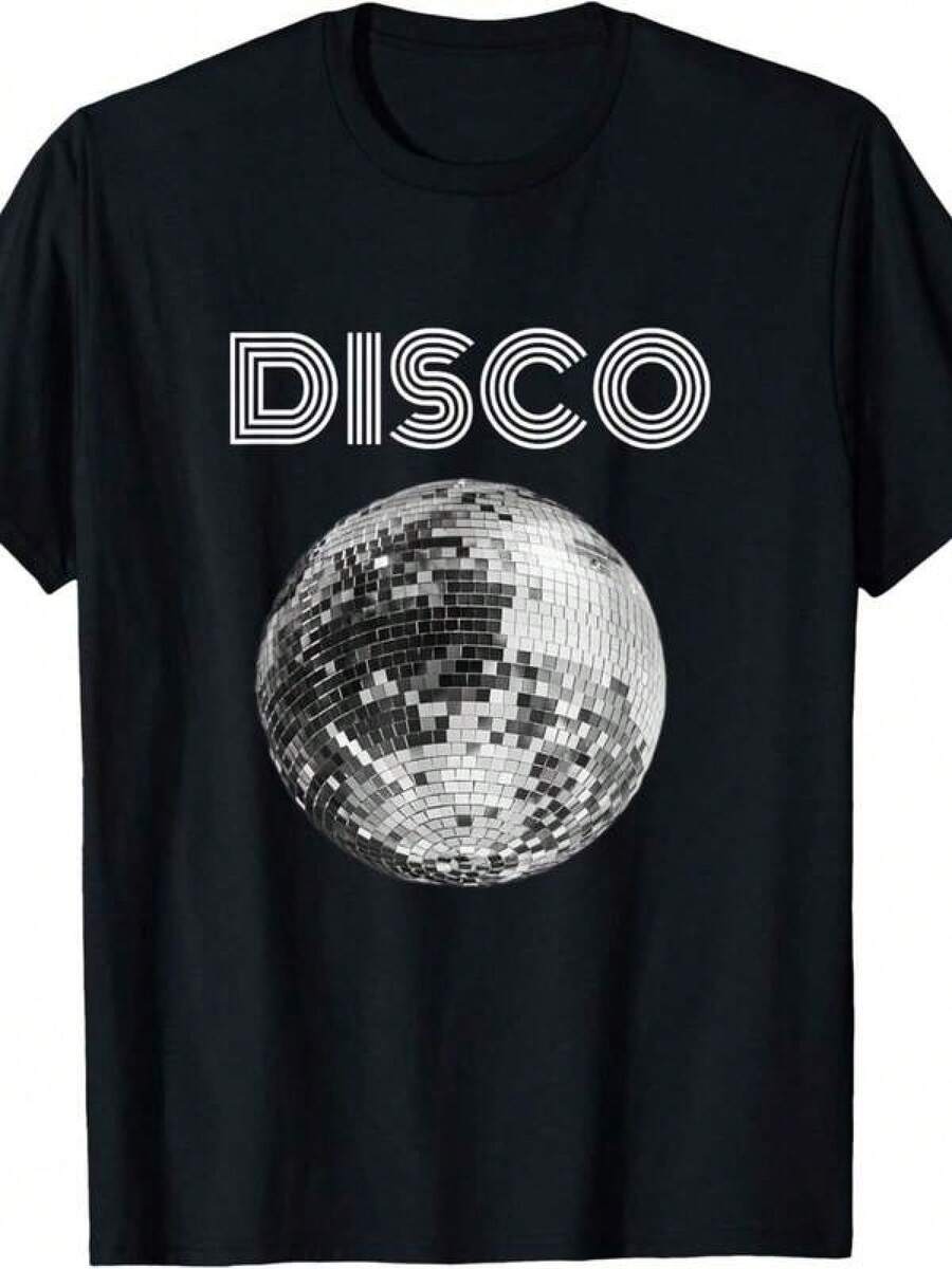 Und weiße Discokugel Club Retro T-Shirt, lässiger Party-Outfit für thematische Veranstaltungen & lässige Kleidung, ganzjährig bequeme Passform Vintage Tanzparty Bekleidung, geometrisches Muster, locker geschnitten, Sommer Damenmode - Schwarz - Übersicht 1