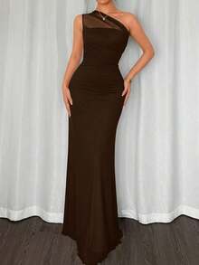 Vestido maxi ajustado de estilo elegante y romántico, con cuello asimétrico, adecuado para fiestas, vacaciones en la playa, vuelta al colegio, citas románticas, temporada de bodas, cumpleaños, Pascua, primavera/verano - Café integral - Ver 3