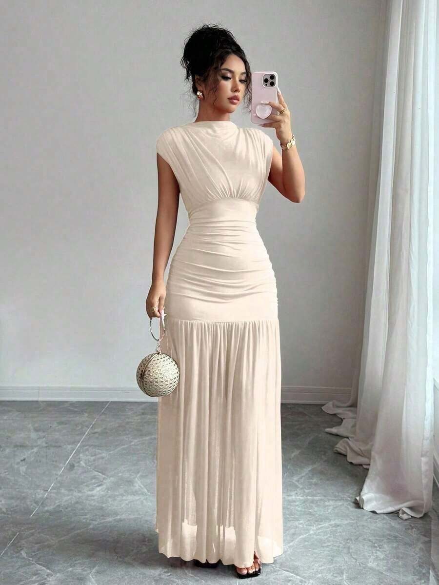 YHHElenzga Nuevo vestido de moda de línea A con cuello alto, sin mangas, de color rojo sólido, con parches de malla calada y plisados, adecuado para fiesta de graduación, eventos festivos, citasYHH - Albaricoque - Ver 1