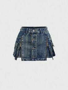 Kawaii Minifalda vaquera de cintura baja con cremallera y lavado vintage del estilo Y2K - Azul - Ver 6