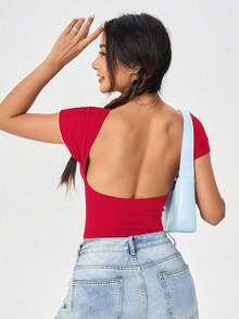 Camiseta casual de mujer de cuello de pico, manga corta y ajustada, versátil - Rojo - Ver 2