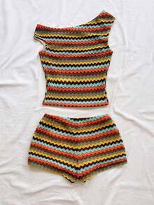 Eduarda Gutierrez  Conjunto de 2 piezas para mujer con top corto de punto a rayas y shorts ajustados de tiro súper bajo, atuendo adecuado para vacaciones, fiestas, Navidad, San Valentín, citas, playa, crucero, carnaval, Pascua, Año Nuevo Chi - Multicolor 2 - Ver 2